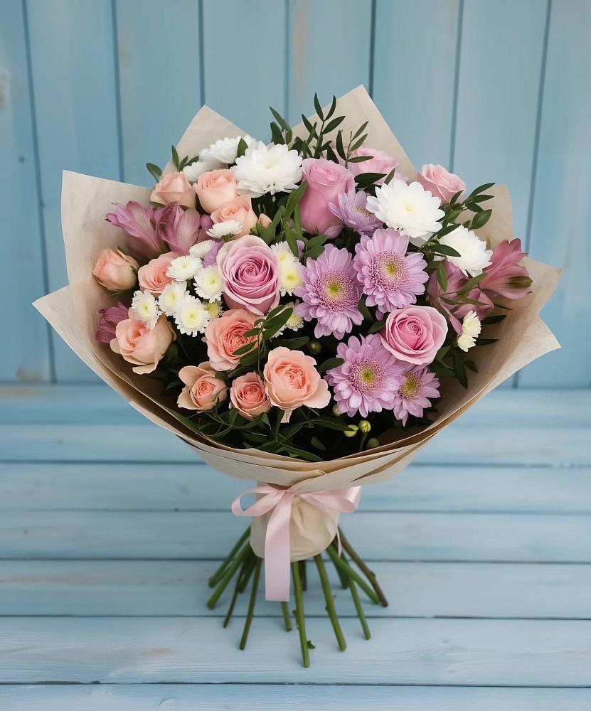 Букет цветов из: Хризантемы, Розы и Альстромерии в Авсюнино