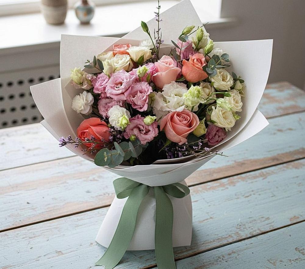 Букет цветов из: Розы, Лизиантусы и Гвоздики в Авсюнино