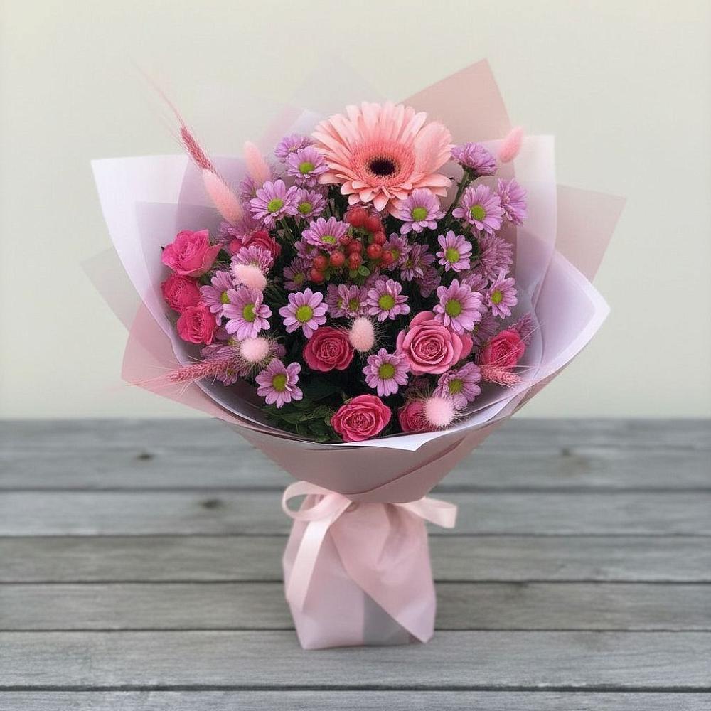 Букет цветов из: Розы, Герберы и Хризантемы в Авсюнино
