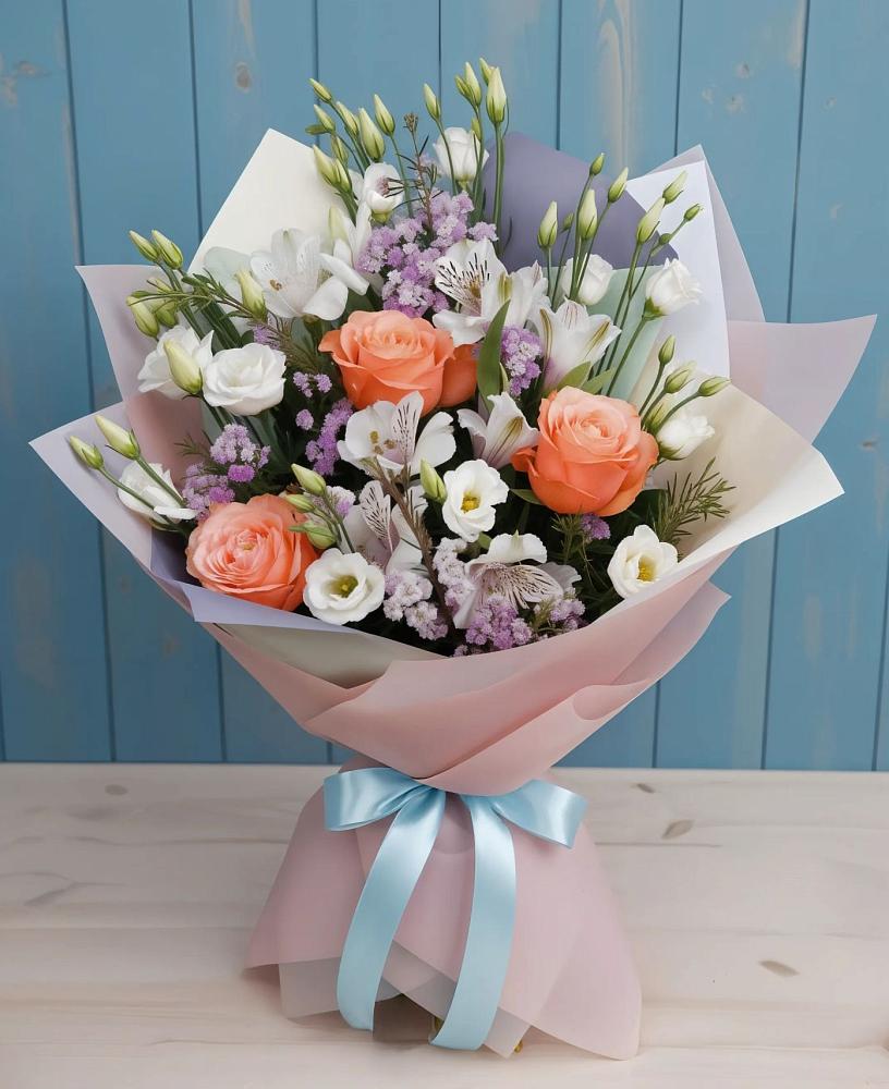 Букет цветов из: Лизиантусы, Розы, Альстромерии и Гипсофила в Авсюнино