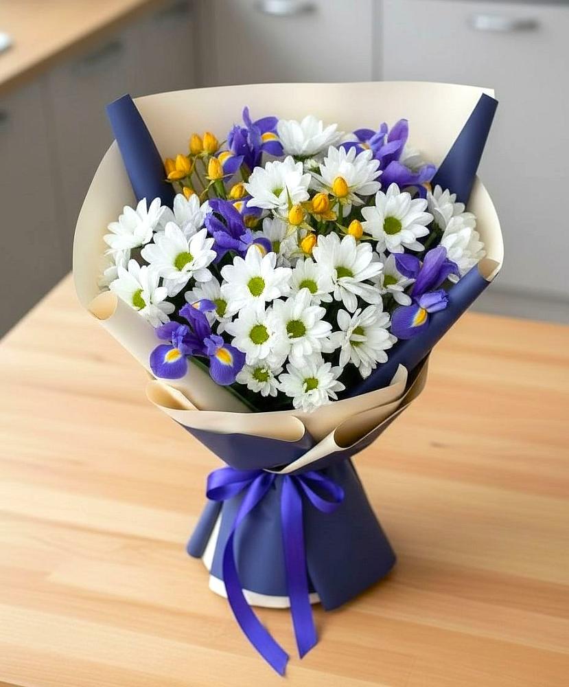 Букет цветов из: Розы, Ирисы и Хризантемы в Авсюнино